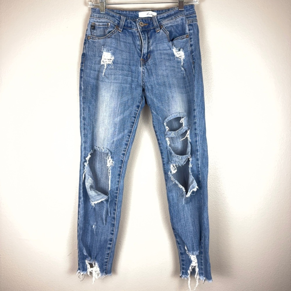 KanCan KC5056M Distressed High Rise Skinny Jeans Medium Wash Raw Hem Size 7 27